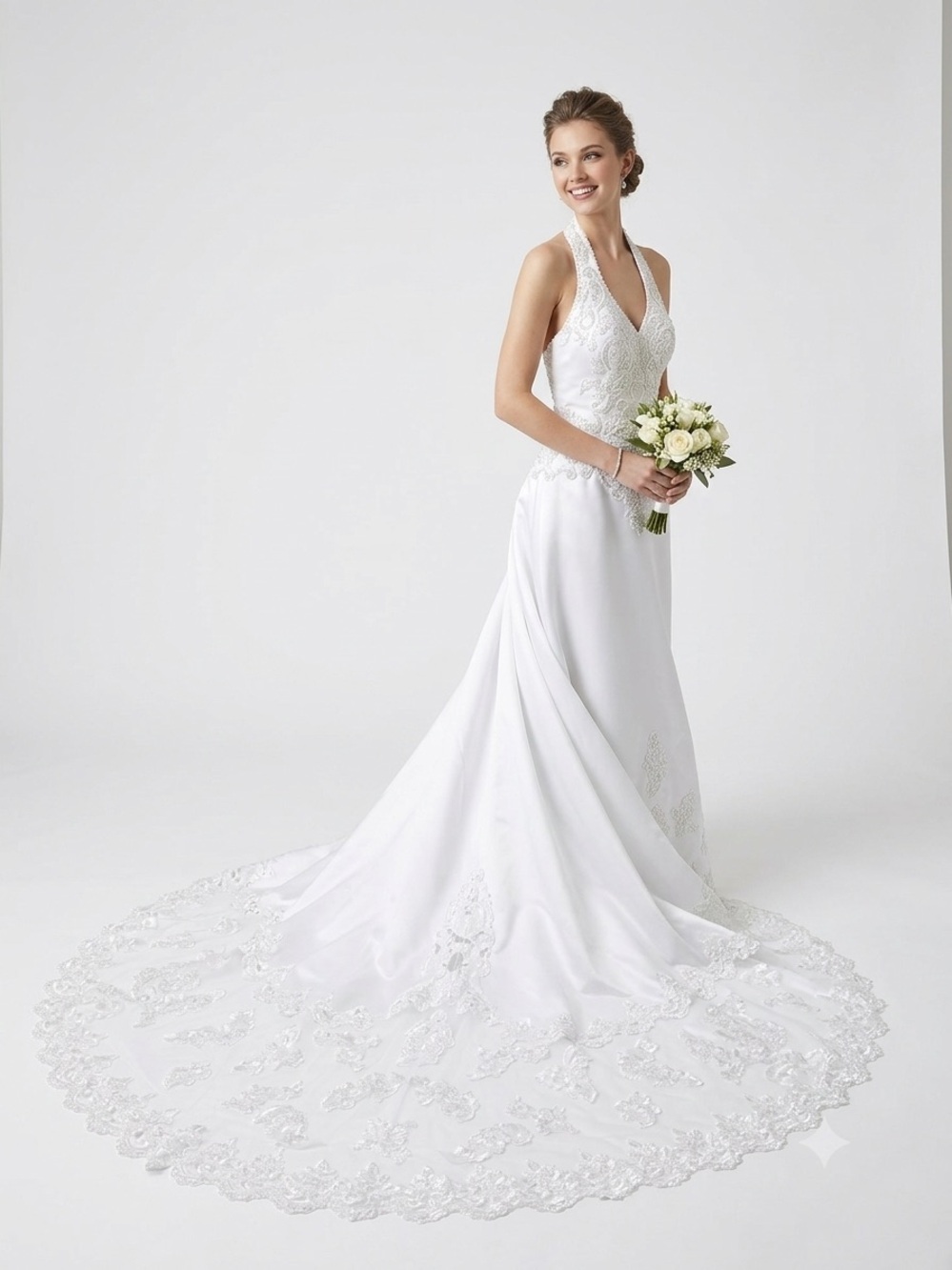 Michelangelo Vintage Satin & Lace Halter Wedding Dress size 4 Train